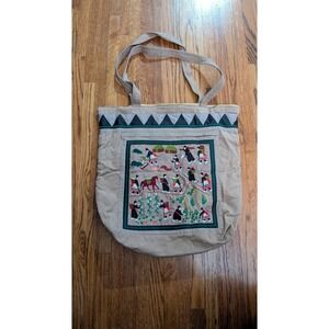 XL Handmade Hmong Story Cloth Zip Corduroy Tote  With Zip Pocket Boho Ethnic Bag
